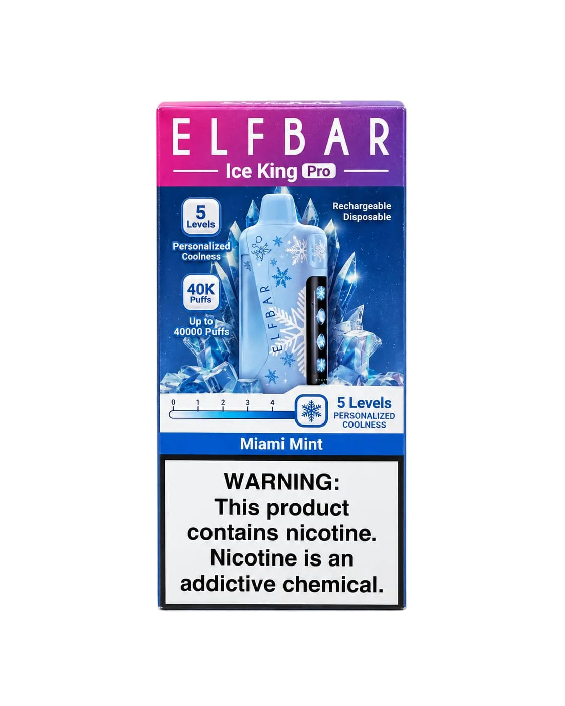 ELFBAR Ice King Pro disposable vape packaging in Miami Mint flavor, featuring a blue and white design with ice graphics and a prominent nicotine warning label at the bottom.