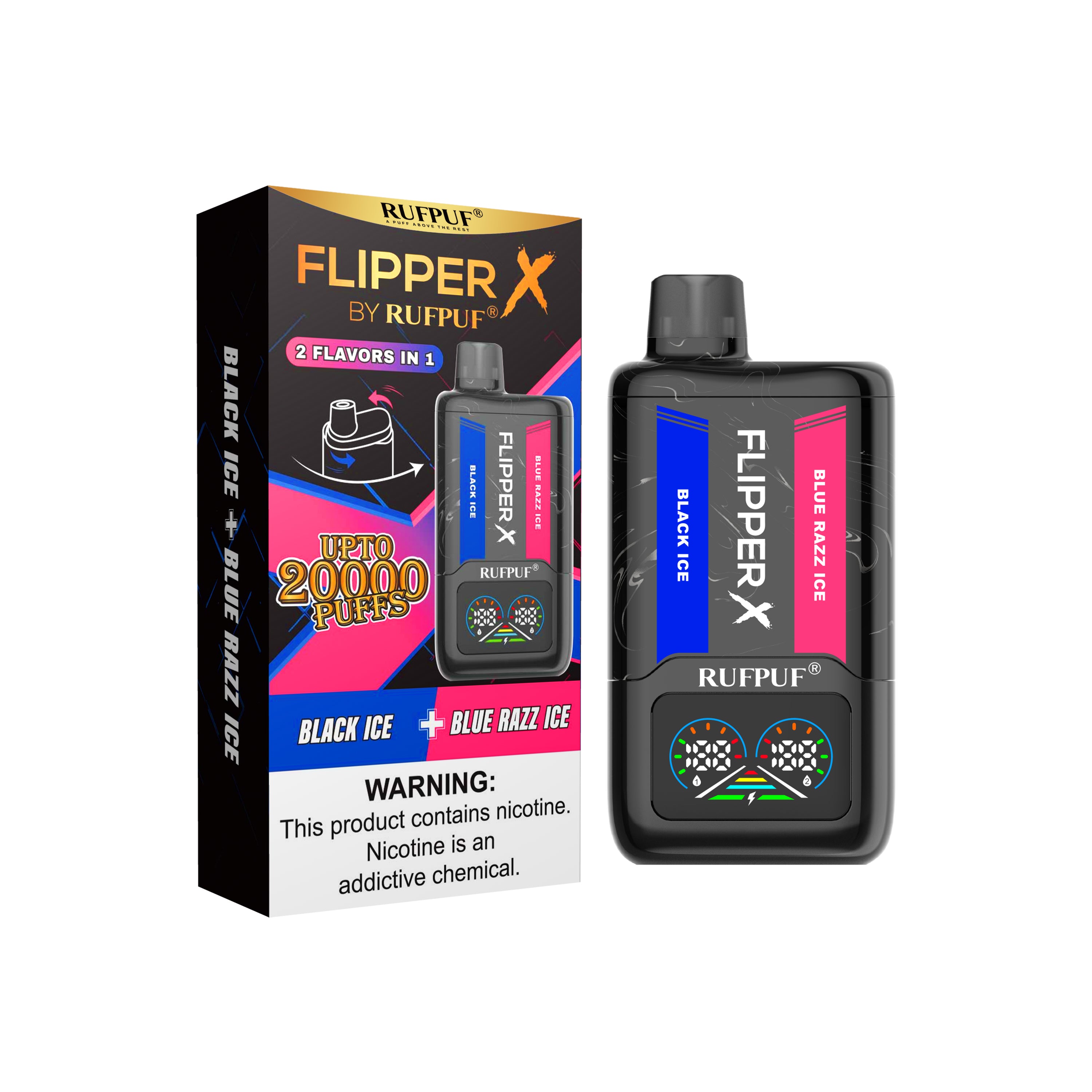 Dual flavor Rufpuf Flipper X vape with Black Ice and BlueRazz Ice