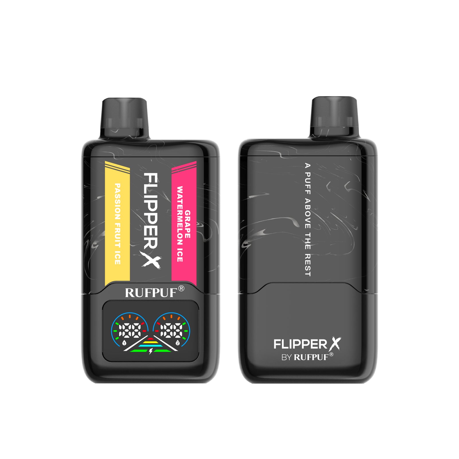 Dual flavor Rufpuf Flipper X disposable vape with tropical icy fruit flavors