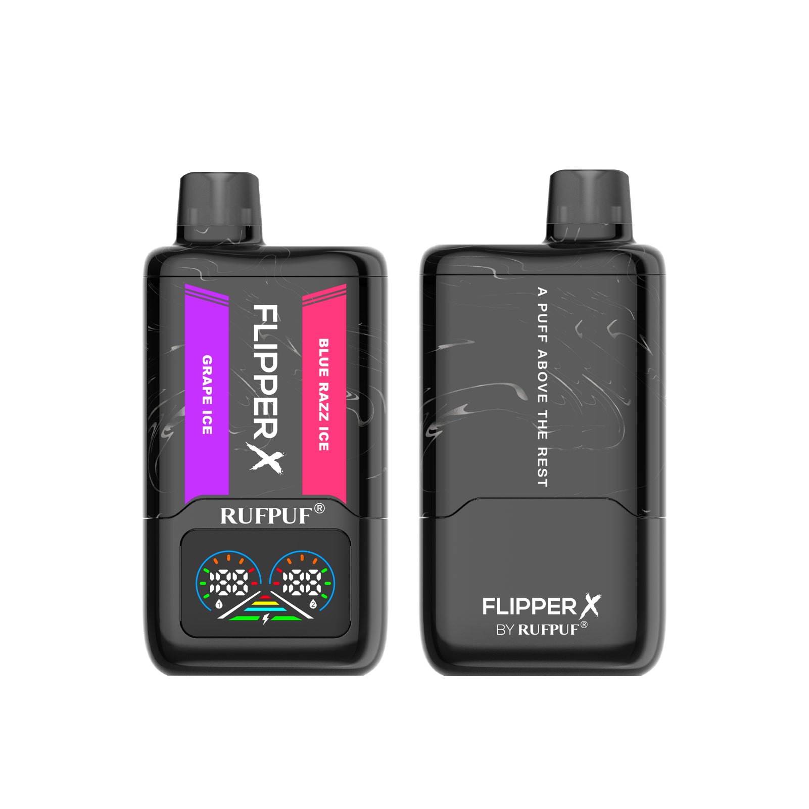 Dual flavor Rufpuf Flipper X vape with Blue Razz Ice and Grape Ice